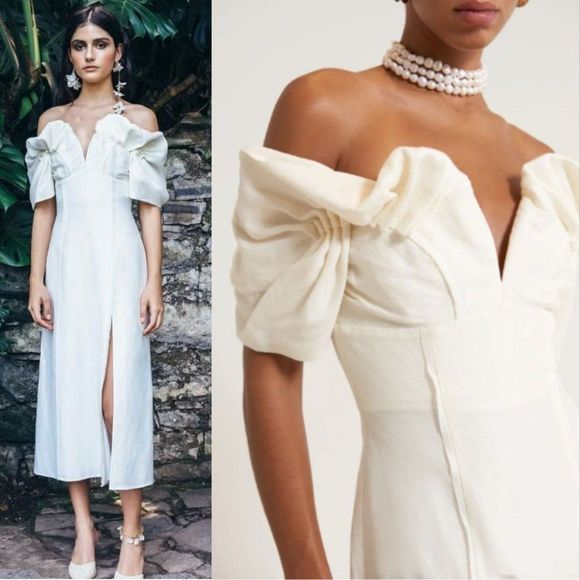 cult gaia Dresses & Skirts - Cult Gaia Muna Dress, Size 4 Off White Midi Silk Linen Puff Shoulder